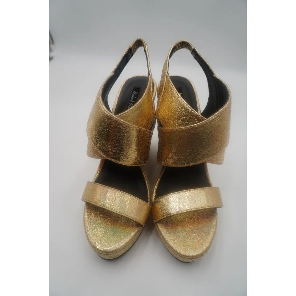 Michael Antonio Gerey Met Metallic Gold Strappy Espadrille Open Toe Wedge Size 9